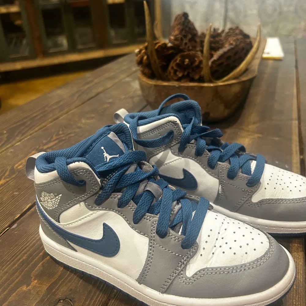 Nike Air Jordan Mid-Top Sneakers in White, Gray & Blue